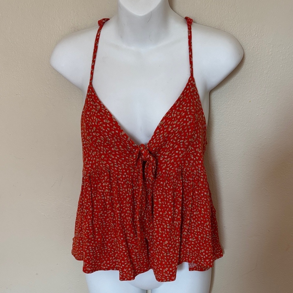 American Eagle Outfitters Red Floral Tie-Front Spaghetti Strap Cami